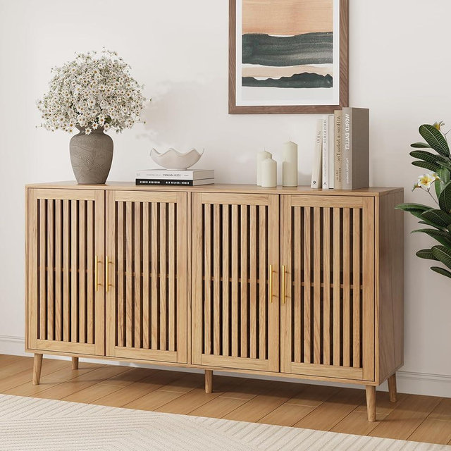 Smart FENDEE 63" Long Sideboard Buffet with 4 Slatted Doors, Farmhouse Buffet Storage Cabinet with Adjustable Shelves, Coffee Bar Cabinet for Entryway, Kitchen, Dining Room, Living Room, Natural Oak
