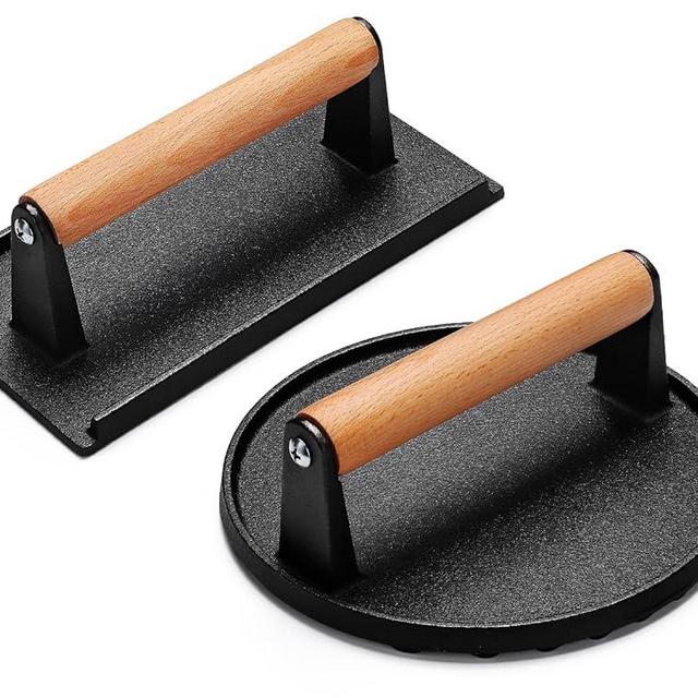 AIVIKI Burger Press, Smash Burger Press for Blackstone Griddle, Heavy Duty Cast Iron Round 6.9In & Rectangular 8.2x4.2In Bacon Grill Press with Wood Handle, Meat Steak Weight for Sandwich, Paninis
