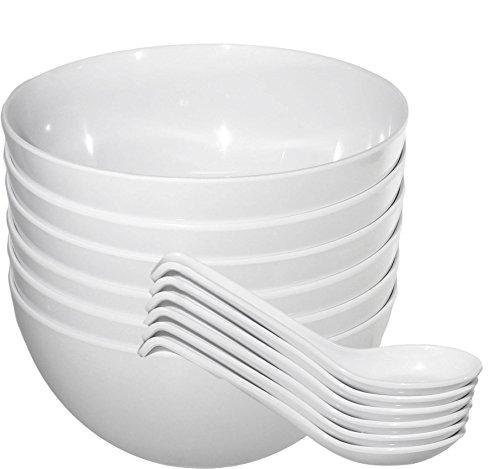 Chef Miso Set of Six Extra Large Melamine Pho Bowls and Spoons White 48 Ounce