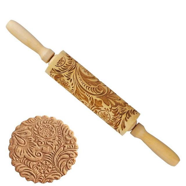 Wooden Embossed Christmas 3D Rolling Pins with Designs for Baking Engraved Fondant Roller Snowflakes for Cookies