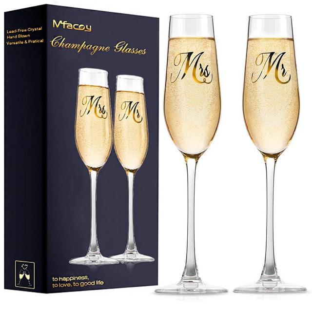 Mfacoy Mr. & Mrs. Champagne Flute Set, Wedding Decor - His and Hers, Wedding Toasting Glasses for Engagement Celebrations, Bridal Shower and Registry Idea, Tall Wine Glasses for Bride and Groom Gifts