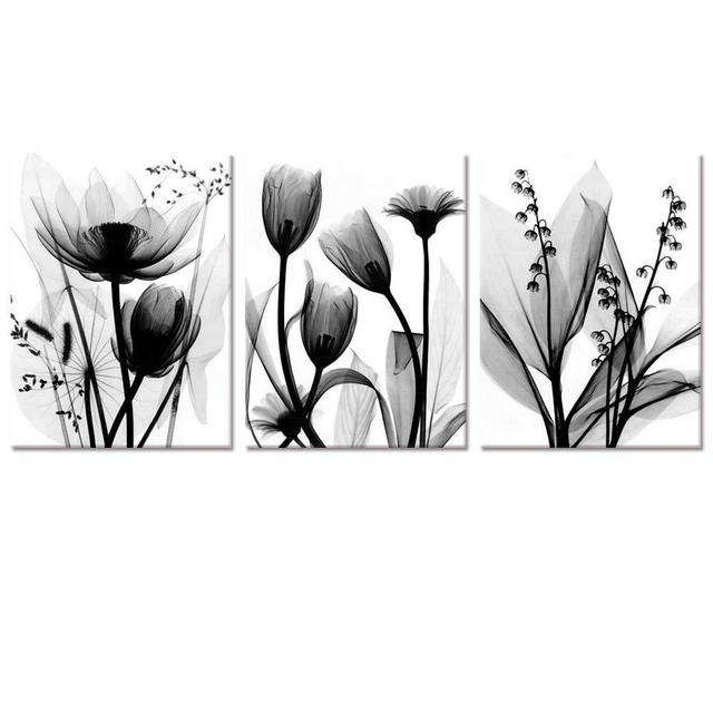 Visual Art Decor 3 Pieces Black and White Abatract Transparent Flowers Picture Canvas Prints Elegant Floral Simple Life Painting forModern Home Office Bedroom Bathroom Wall Decoration Ready to Hang
