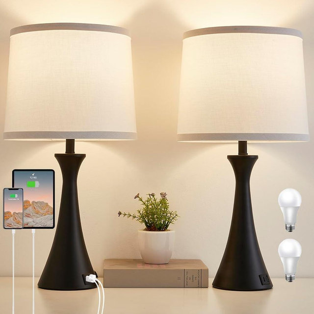 Hikczc Touch Lamp for Living Room Bedroom, 21" Table Lamps Set of 2 with USB C+A Ports and White Lamp Shades, Touch Bedside Lamps for Nightstand with 3 Way Dimmable, 2 LED Bulbs Included