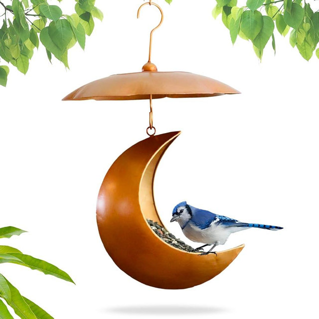 Lunar Bloom Hanging Moon Bird Feeder – 9” Metal Outdoor Feeder with Rain Dome, Antique Gold, Gift for Bird Lovers, Wild Birds, Cardinals & Finches
