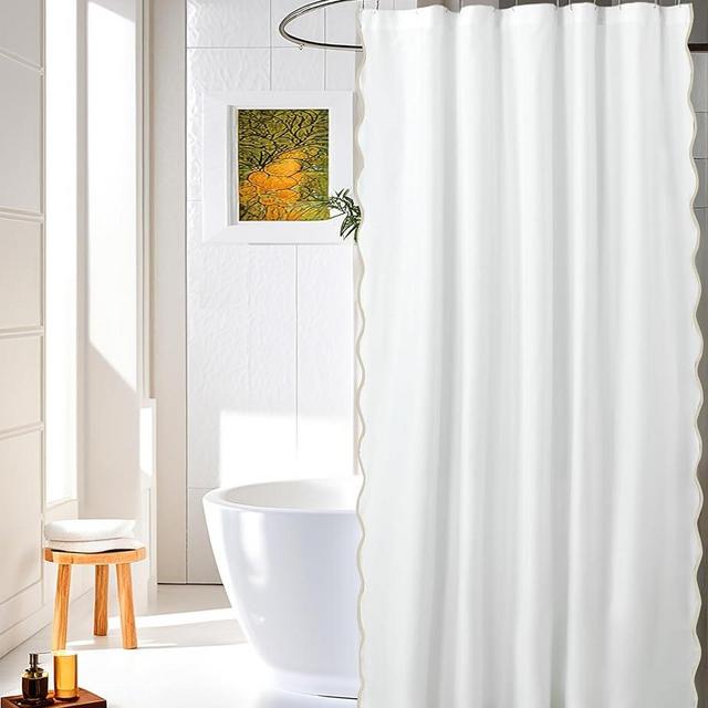 HIG Chic Scallop Edge Shower Curtain – Modern Decorative Coastal Bathroom Curtain for Home Decor, White and Camel Elegant Minimalist Textured Cloth Bath Curtain, 72x72 Inch