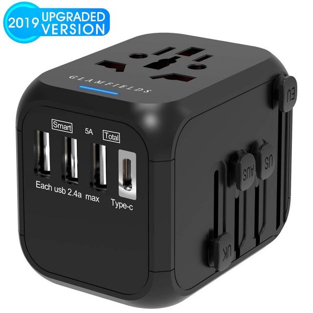 Universal Travel Adapter, GLAMFIELDS International Power Adapter, Worldwide All in One AC Outlet Power Plug Adapter with 3 USB + 1 Type C Charging Ports for USA UK AUS European 200 Countries