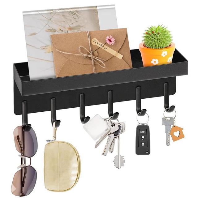 VIS'V Key Holder Wall Mount, Frosted Black Stainless Steel Key Mail Organizer Wall Decorative Key Rack with Tray Adhesive Key Hanger with 6 Key Hooks for Entryway Hallway Doorway 3 Installation Ways