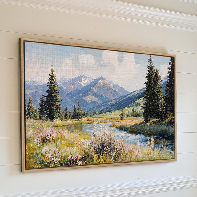 Peaceful Mountain River Framed Canvas Print, Rustic Wall Art, Country Canvas Art, Lodge Decor, Summer Nature Art, Ready to Hang Gift Idea