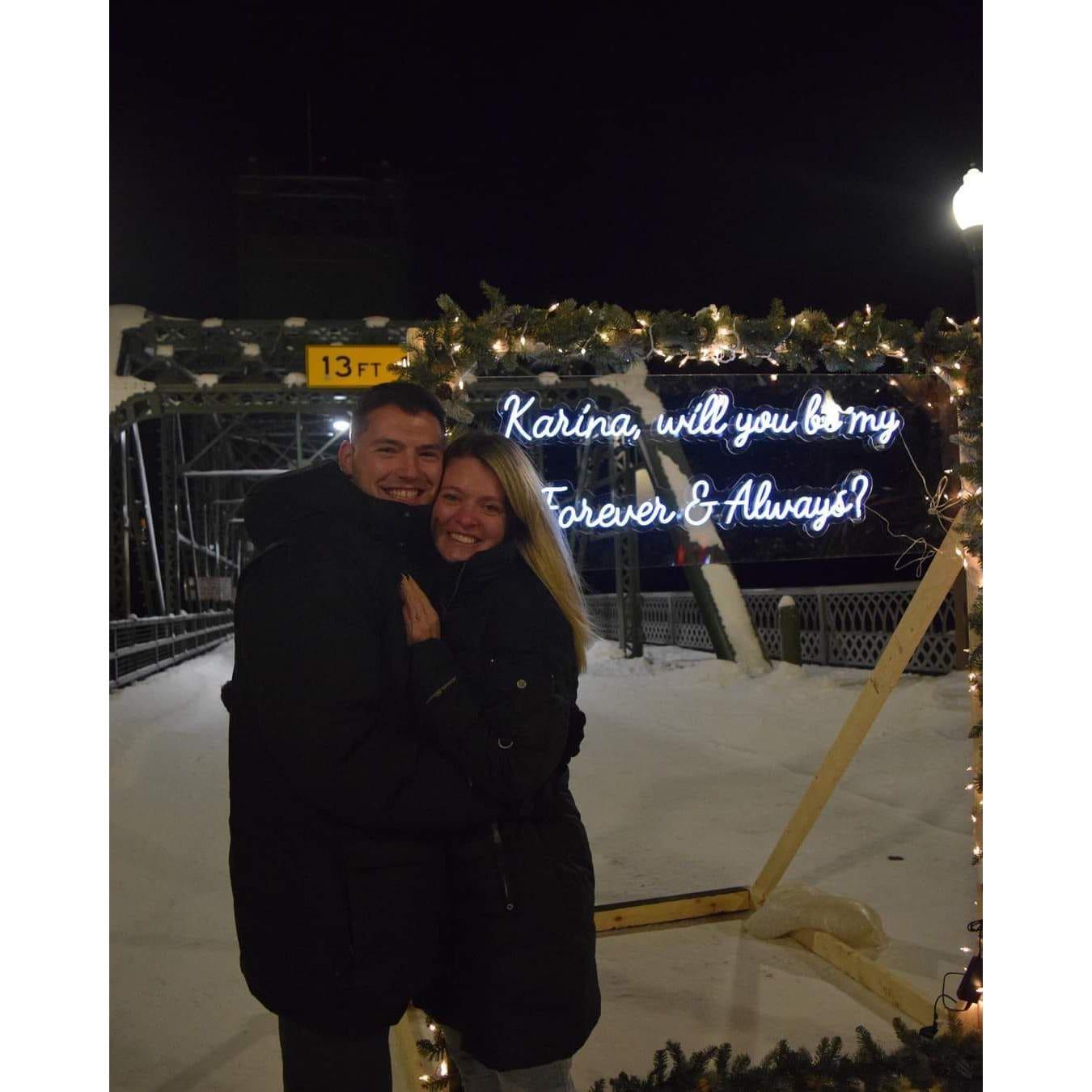 12-23-23. Our proposal (in the middle of a blizzard on the coldest date of the winter) was perfect.