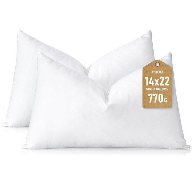 Artscope Synthetic Down Lumbar Pillow Insert, 14x22 Down Alternative Throw Pillow Insert. Ultra Soft Fluffy Sleeping Pillow with 100% Cotton Cover, Decorative Pillows Set of 2-White