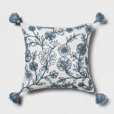 Blue Embroidered Floral Square Throw Pillow - Threshold™