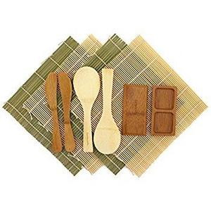 BambooMN Deluxe Sushi Maker Kit 1x Green, 1x Natural Rolling Mats, 1x Rice Paddle, 1x Spreader, 1x Compartment Sauce Dish | Bamboo Mats and Utensils