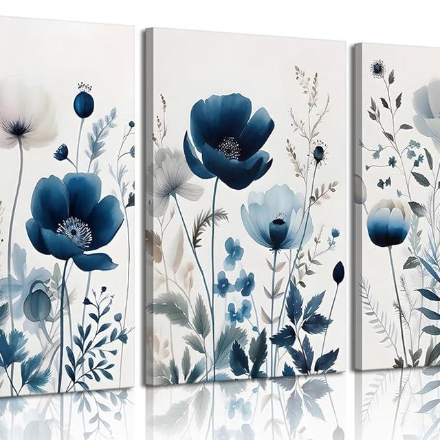 3Pcs Flower Canvas Wall Art Navy Blue Wildflower Wall Decor Pictures Modern Watercolor Boho Botanical Floral Posters Prints for Bedroom Living Room Home Decoration 16x24in