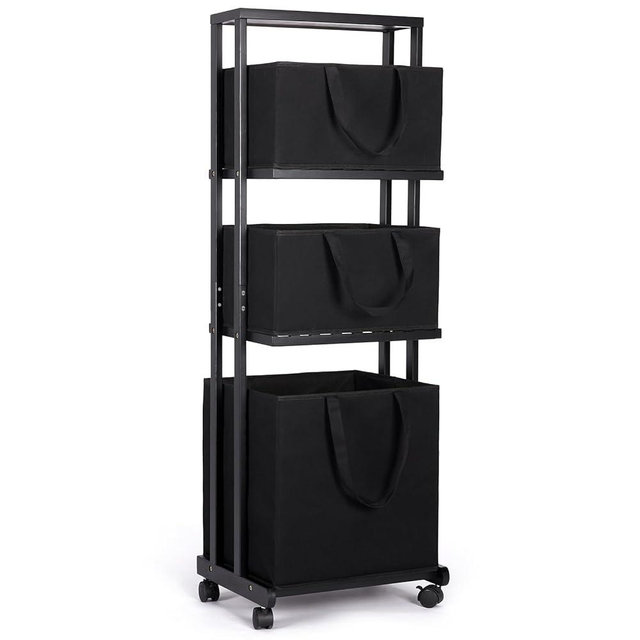 Homde Laundry Basket 3 Tier Bamboo Storage Shelf with Wheels Removable Storage Basket with Handle Freestanding Clothes Hamper Organizer for Bathroom Living Room Bedroom (Black)