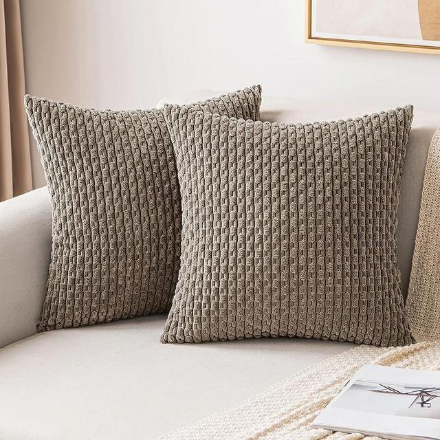 MIULEE Throw Pillow Covers Soft Corduroy Decorative Set of 2 Boho Striped Pillow Covers Pillowcases Farmhouse Home Decor for Couch Bed Sofa Living Room 16x16 Inch Brown
