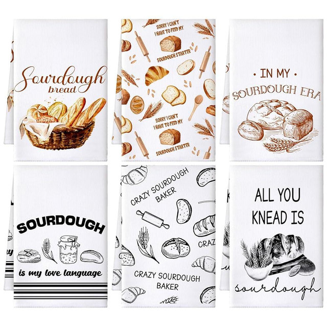 Hahafelt 6 Pcs Funny Sourdough Baking Kitchen Towels Gifts for Sourdough Bakers Decorative Hand Dish Towels for Baking Lover Gifts Women Men Chef Tea Cloths Kitchen Decor 24 x 16''