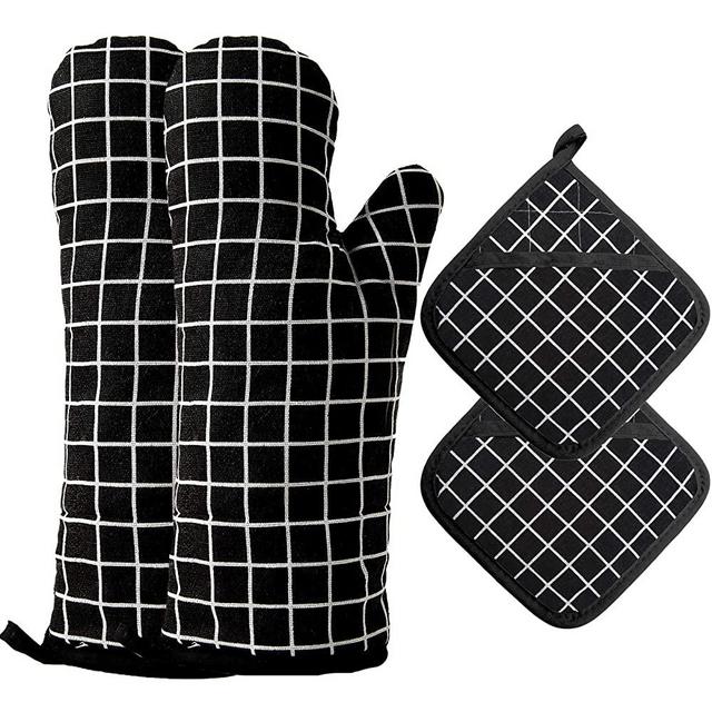 WinChange Oven Mitts and Potholders BBQ Gloves-Oven Mitts and Pot Holders with Recycled Cotton Infill Silicone Non-Slip Cooking Gloves for Cooking Baking Grilling (4-Piece Set) (Black-02)
