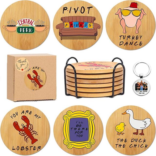 Friends Bamboo Wood Coasters Set of 6, Friends Themed Funny Novelty Engraved Coaster, Friends TV Show Merchandise Gifts for Men and Women (Friends Coasters New)