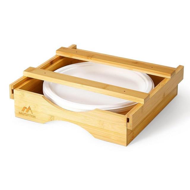 Bamboo Paper Plate Dispenser Under Cabinet - Holder for 10 Inch Plates, Organize Kitchen with Under Shelf Storage, Easy Access Paper Plate Holder