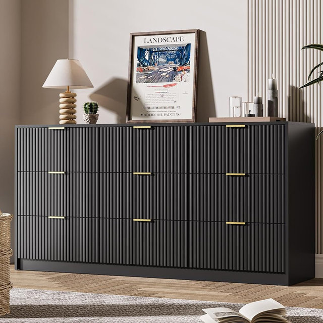 MAISONARIA Black 9 Drawer Dresser for Bedroom, 63" Wide Modern Fluted Dresser with Gold Metal Handles, Chest of Drawers for Bedroom, Living Room, Entryway, Hallway
