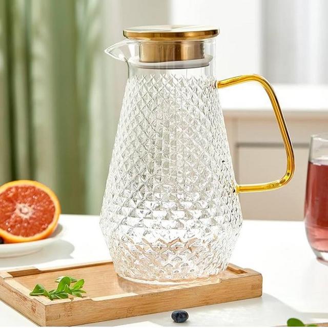 Glass Pitcher,50oz/1.5 Liter Water Pitcher with S.S. Lid, Beverage Serveware, Iced Tea Jug,Water Carafe with Handle,Heat Resistant. Refrigerator Usable.