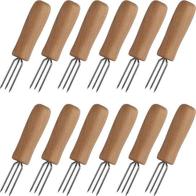 Corn On The Cob Holders Set of 12 Stainless Steel Corn Cob Holders with Wooden Handle Cob Skewers Corn Forks for BBQ Sweetcorn Roasted Meat Fruit (12)