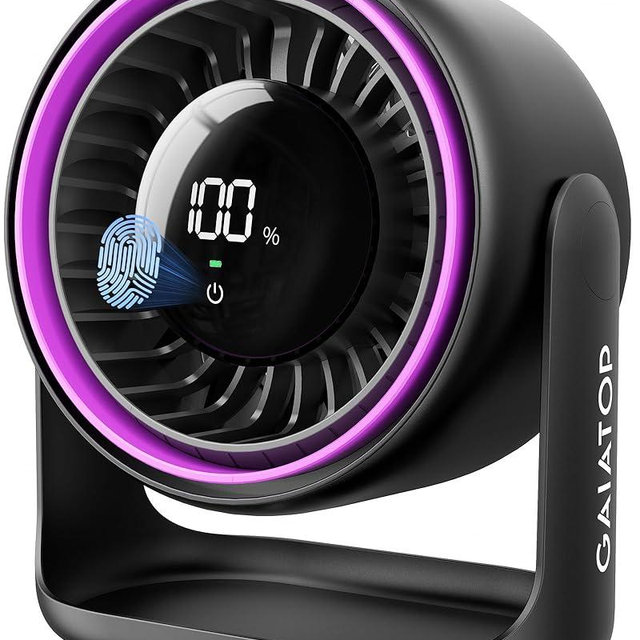 Gaiatop Desk Fan with Touch Control, 4000mAh Battery, 5 Speeds Ultra Quiet Bedroom Fan with LED Display, 90° Tilt, 7.7 In USB-C Rechargeable Desktop Fan for Dorm Office Room Home Office, Black Purple