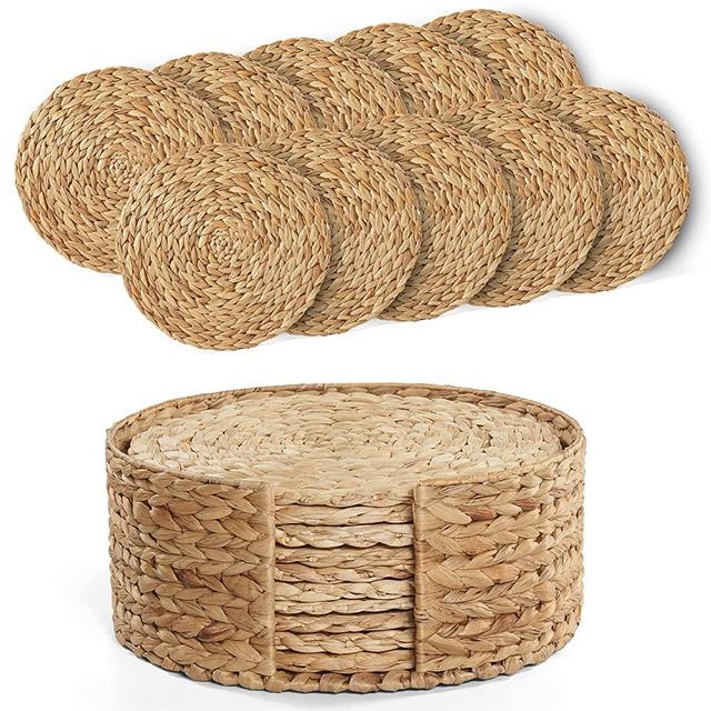BLUEWEST Woven Placemats (Set of 10), 12" Round Placemats with Round Holder, Rattan Placemats, Wicker Hyacinth Braided Placemats Set Heat Resistant/Anti-Slip/Durable for Dinner Plate, Dining Table