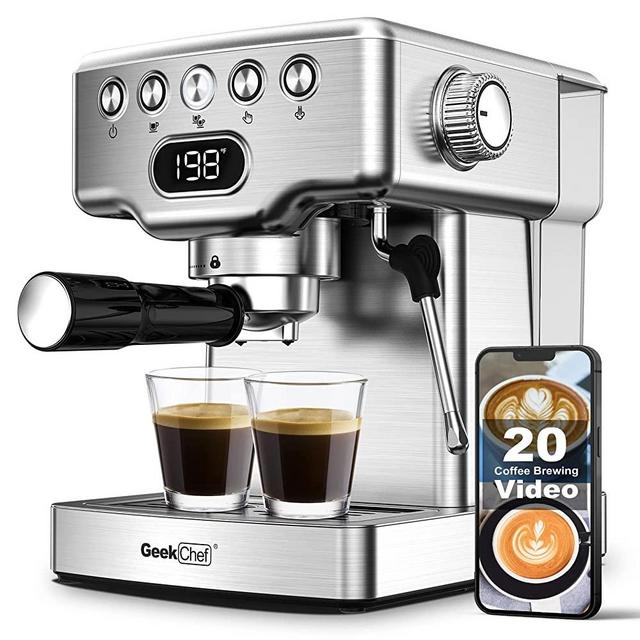Geek Chef Espresso Coffee Machine, Fast Heating Automatic 20 Bar Latte & Cappuccino Maker with Milk Frother Steam Wand, 1.8L Water Tank, Temperature Display, Stainless Steel