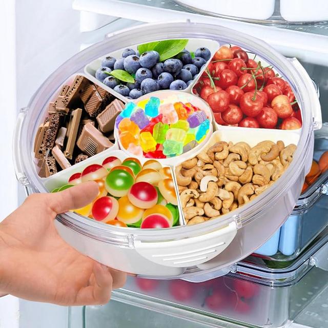 𝐕𝐞𝐠𝐠𝐢𝐞 𝐓𝐫𝐚𝐲 with Lid-Divided Serving Tray with 6 Compartments,Reusable Food Storage Containers for Party Serving Platter,Fruit Vegetable Snack Tray Container,Nut ,Desserts,Fridge Organizer