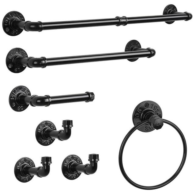 Bathroom Hardware Fixture Set Industrial Towel Bar Sets with Paper Towel Rack Wall Mount Hand Towel Holder Roll Ring Toilet Paper Holder and Pipe Robe Towel Holder Hanger for Farmhouse Home, 7 Pieces