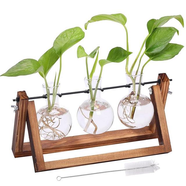 BIRDROCK HOME Plant Propagation Station | 3 Bulb Vase with Wooden Stand Terrarium | Great Gift Idea for The Home Office Garden | Hydroponics Plants