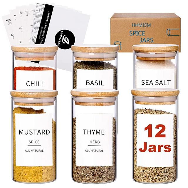 12 Pcs Glass Spice Jars With Bamboo Airtight Lids - 8oz Thicken(2.4mm) Spice Containers With 148 Minimalist Preprinted Waterproof Spice Labels - Kitchen Empty Small Storage Jars For Seasoning, Herb Storage and Organization