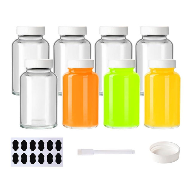 BPFY 8 Pack 4 oz Glass Juice Bottles with Caps, Reusable Clear 120 ml Empty Wellness Shot Glass Bottle for Juice, Ginger Shots and Homemade Beverages (4oz 8Pack)