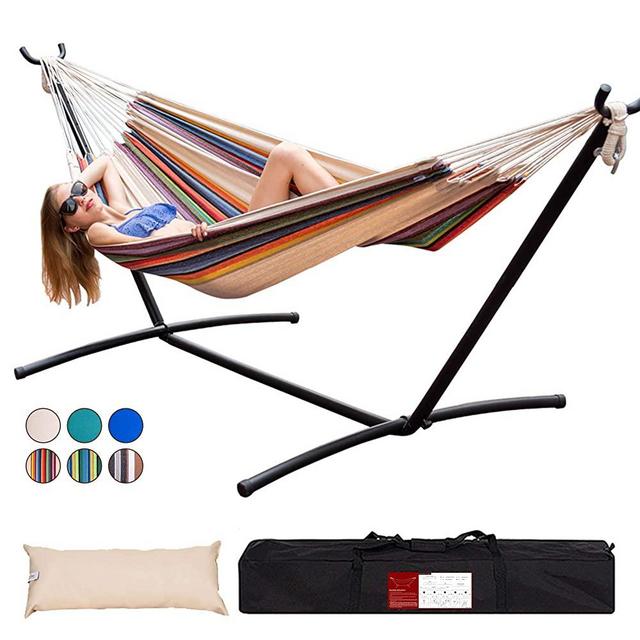 Lazy Daze Hammocks Brazilian-Style Double Cotton Hammock with 9FT Space Saving Steel Stand Includes Portable Carrying Bag and Head Pillow for Backyard, 450 lbs Capacity (Tan Stripe)
