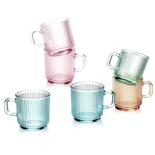 binsakao Glass Coffee Mugs 6 Pack - 11 OZ Assorted Colorful Coffee Cups with Handles - Pastel Mugs Set of 6 - Vertical Stripes Tea Cup Set for Hot Cold Beverages