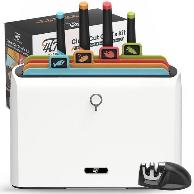 4T7 Smart Cutting Board and Knife Set With Holder, Self Clean and Drying Kitchen Chopping Board Set With Storage Stand, 4 Color Coded Space Saving Cutting Boards Organizers with Sharpener, White