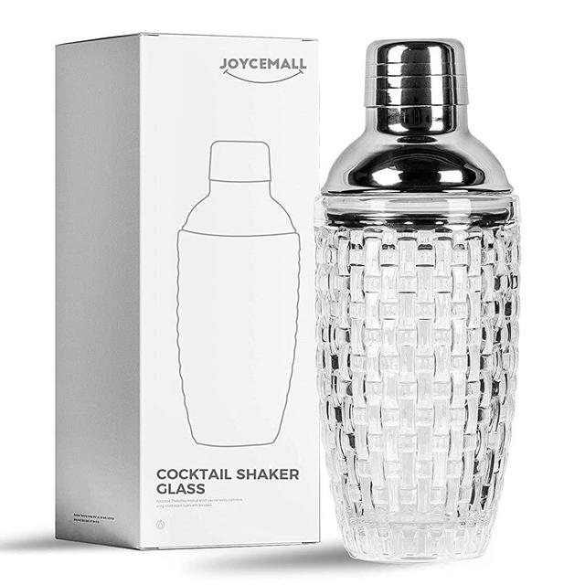 Glass Cocktail Shaker Kit, JOYCEMALL 13 Ounce Martini Mocktail Making Set with Leakproof Metallic Steel Lid & Strainer for Home Use & Bar Cart Silver