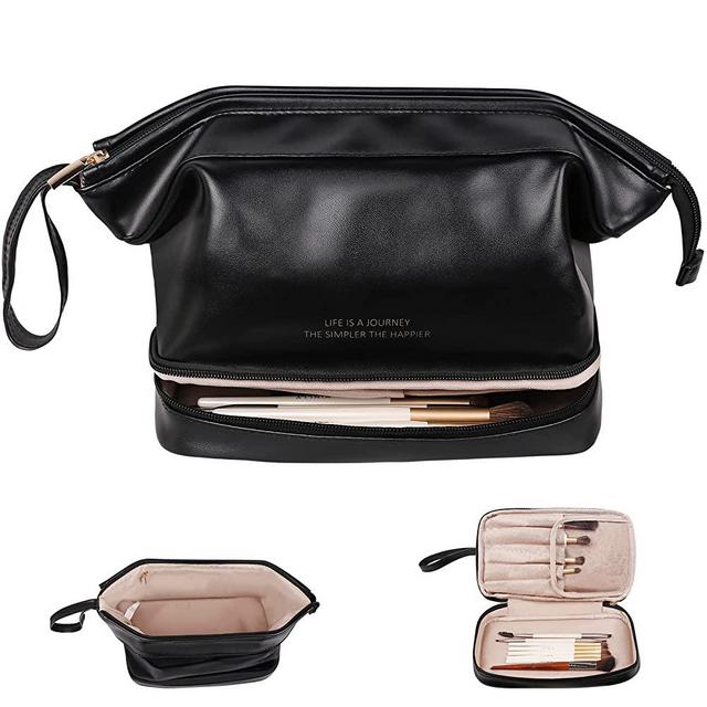 Abiudeng Makeup Bag,Double Layer Cosmetic Bag,Travel Makeup Bag,Leather Makeup Bag, Cosmetic Travel Bags,Portable Leather Toiletry Bag,Roomy Cosmetic Bag for Women and Girls.Black