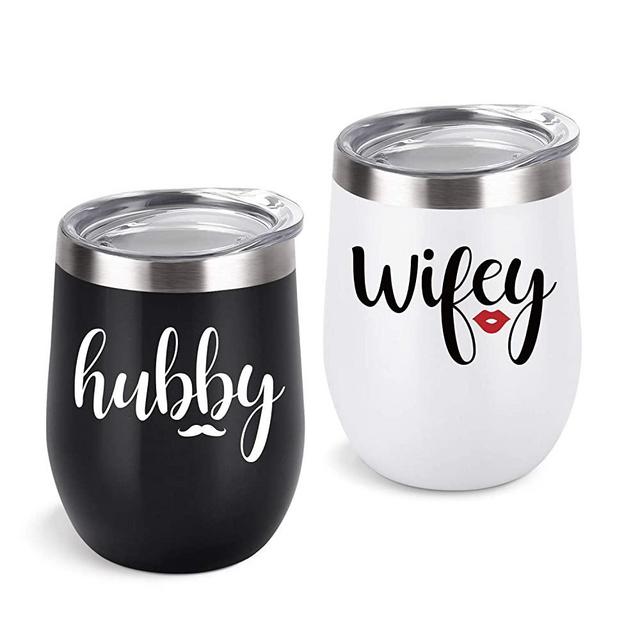 Wifey and Hubby Wine Tumbler Set, Valentine Birthday Gifts for Wife Husband Couples Bride Engagement Bridal Shower Anniversary Gift, 12 Oz Stainless Steel Insulated Tumbler with Lid, Black and White
