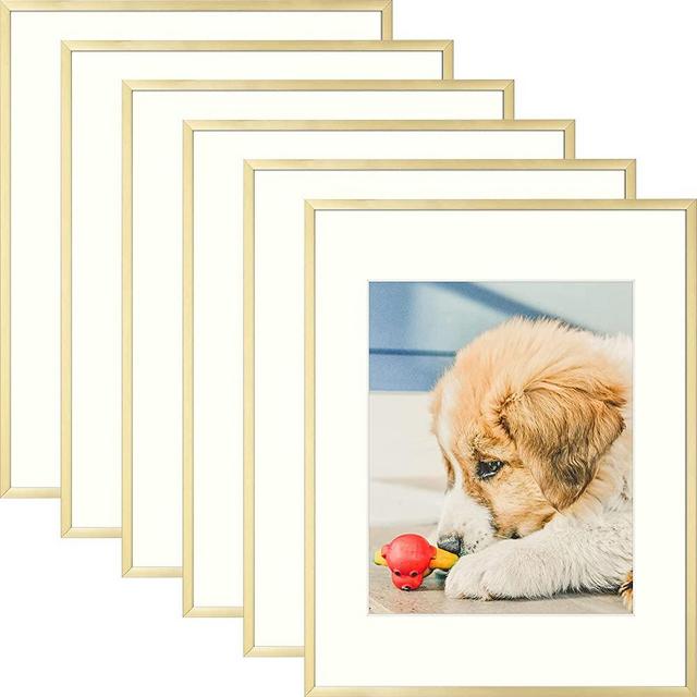 AUEAR, 11x14 Aluminum Picture Frame Set of 6, Made to Display Pictures 8X10 with Mat or 11x14 Without Mat, Wall Gallery Metal Photo Frames (Real Glass, Gold)