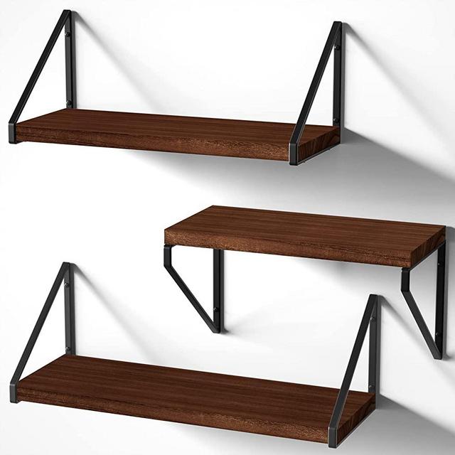 Love-KANKEI Floating Shelves Wall Mounted Set of 3 ,Rustic Wood Wall Shelves for Storage, Bedroom Living Room Bathroom Kitchen Office and More Dark Walnut