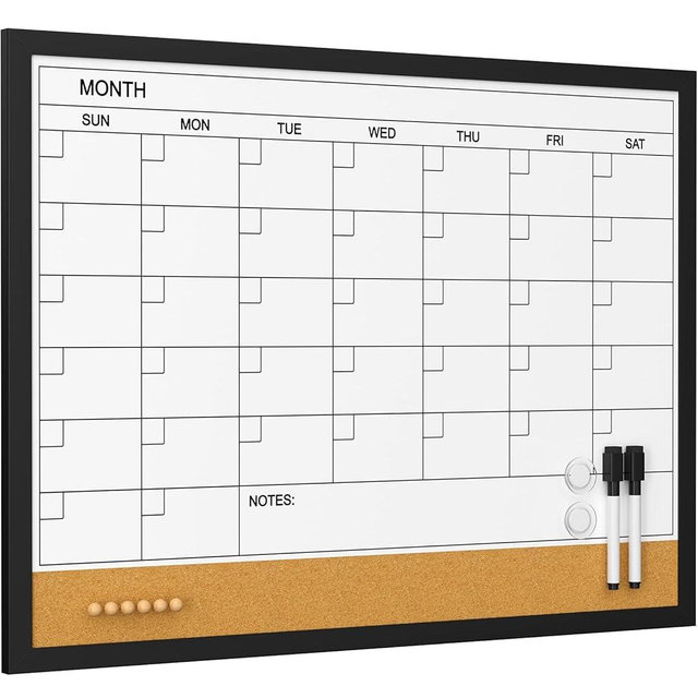 Lumspax Large Monthly Whiteboard Calendar with Cork for Wall, 24" x 18" Dry Erase Board with Wooden Framed, Hanging Dry Erase Calendar for Home, Office, School