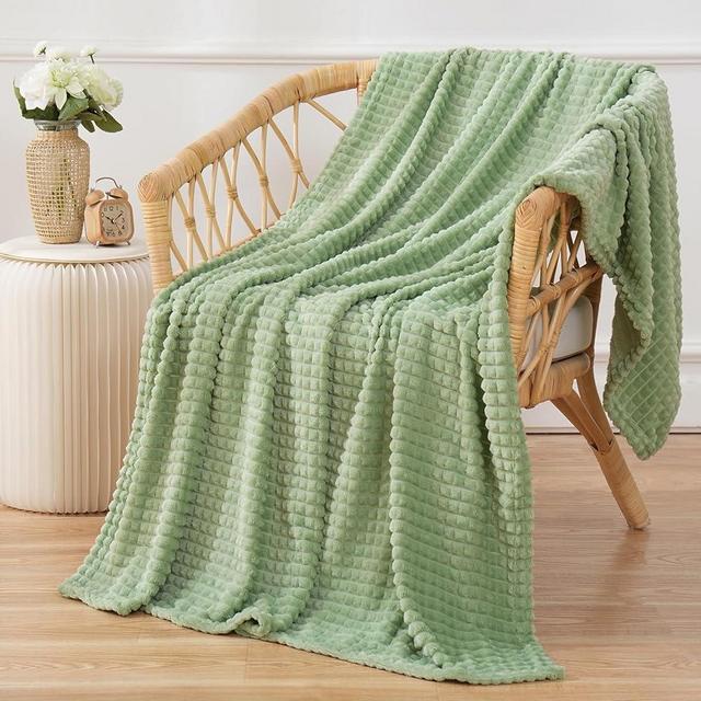 Puncuntex Flannel Fleece Throw Blanket Sage Green 50"×60",Super Soft Plush Cozy Blanket with Square Grid Design Luxury for Couch Sofa Chair