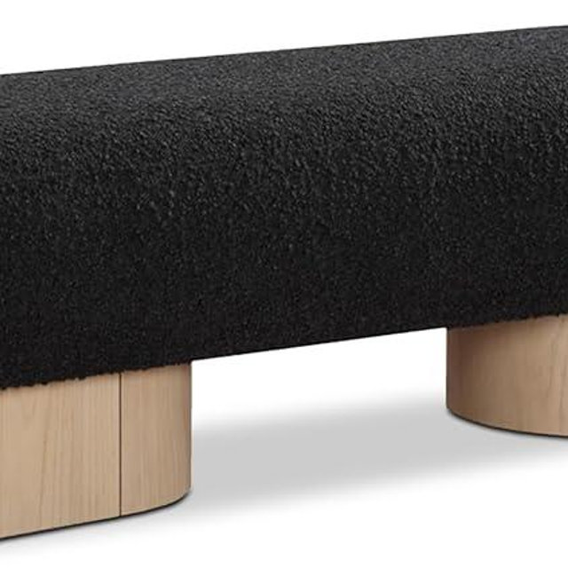 Meridian Furniture 22001Black Robertson Collection Art Deco Bench with Luxurious Black Boucle Fabric and Rich Natural Oak Finish, 60.5" W x 18" D x 16" H, Black