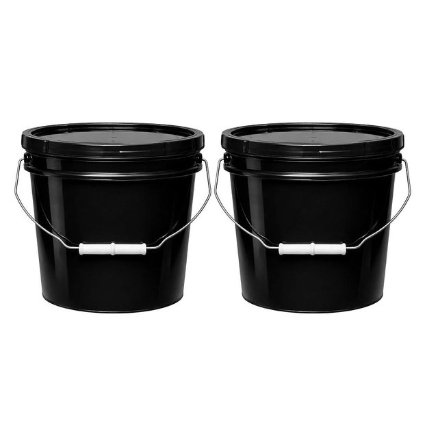 MKS Plastics 2-Gallon Bucket with Airtight Lid – Made in USA, Food Grade BPA Free Plastic, Heavy Duty Multi-Use, Metal Handle with Grip, Stackable Storage – Black, 2 Pack