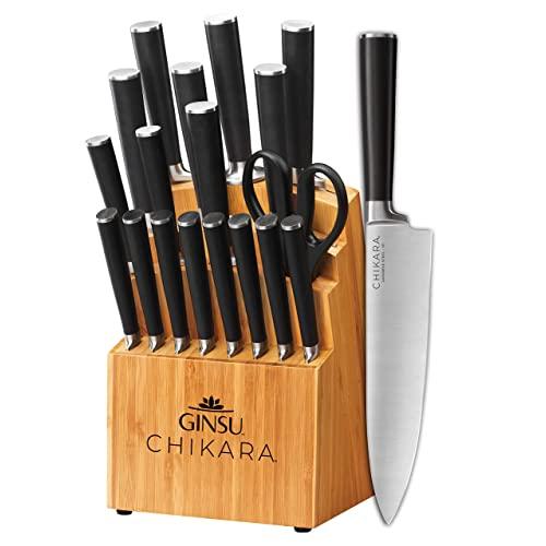 Ginsu Gourmet Chikara Series Forged 19-Piece Japanese Steel Knife Set – Cutlery Set with 420J Stainless Steel Kitchen Knives – Bamboo Finish Block, 07133DS