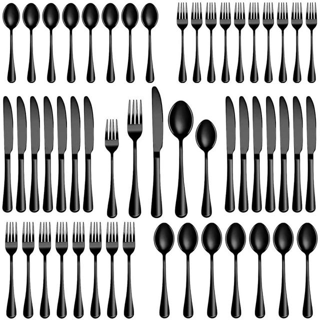 50 Pcs Black Silverware Set, Stainless Steel Flatware Set Service for 10, Mirror Polished Cutlery Utensil Set, Durable Home Kitchen Eating Tableware Set, Include Fork Knife Spoon Set, Dishwasher Safe
