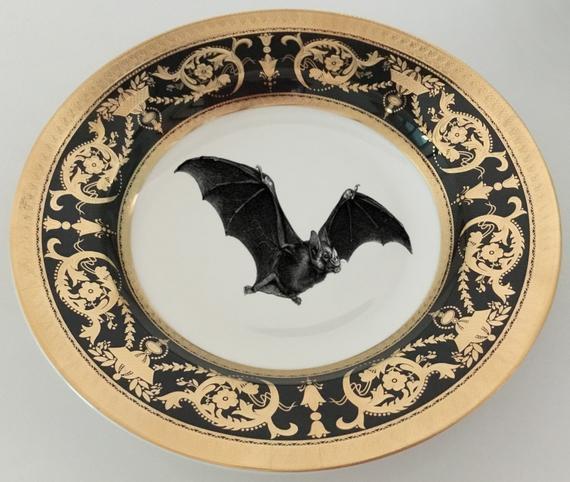 Stunning Black Bat Plate or Cup and Saucer Set, 8oz. Raised Gold, Food-/Dishwasher Safe Bat Plate, Halloween Plate