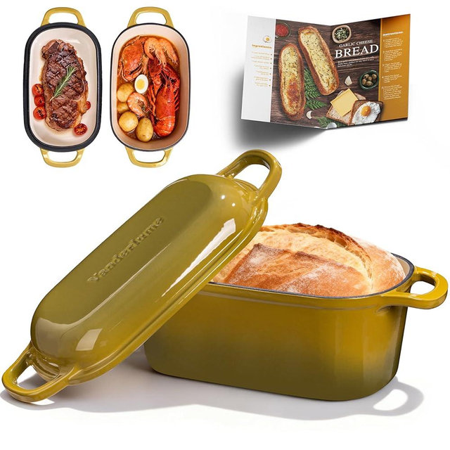 Vanderlume 4.6-Quart Oval Dutch Oven for Bread Baking, 2 in 1 Cast Iron Bread Pan with Lid, Sourdough Bread Dutch Oven for a Crispy Crust, Olive